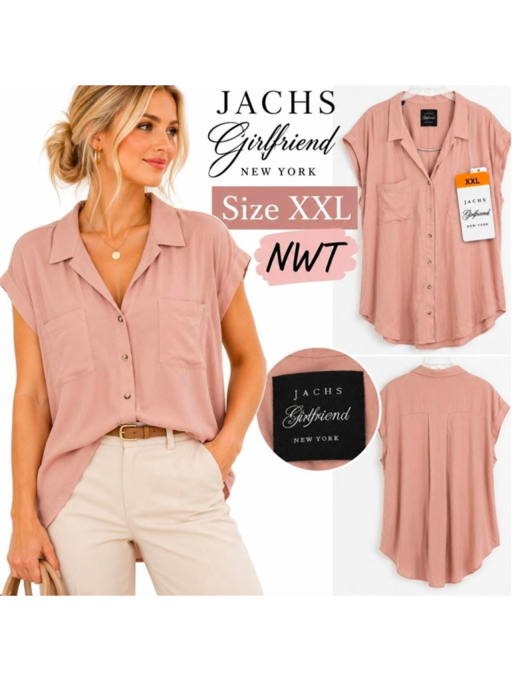 Jachs Girlfriend New York Blush Pink Button Front Shirt XXL NWT